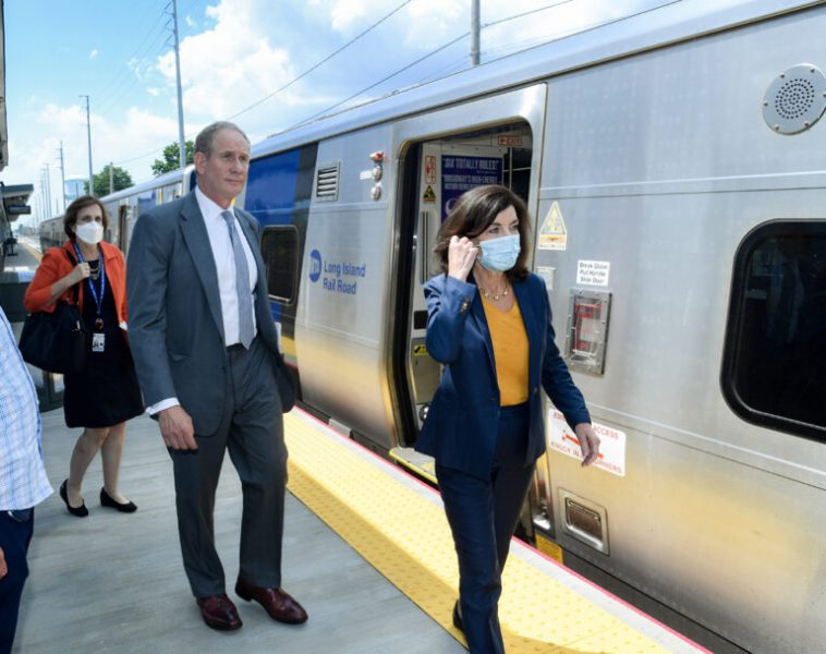 Governor Kathy Hochul, MTA Chair & CEO Janno Lieber, and SMART General Chairman Anthony Simon were joined by other officials on a ceremonial train ride from Jamaica to New Hyde Park to inaugurate the first completed section of LIRR Third Track between Floral Park and Merillon Avenue on Monday, Aug 15, 2022. (Marc A. Hermann / MTA)